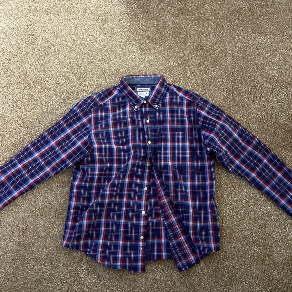 Haggar red/blue plaid Casual button down shirt size L stretch style - Picture 1 of 6